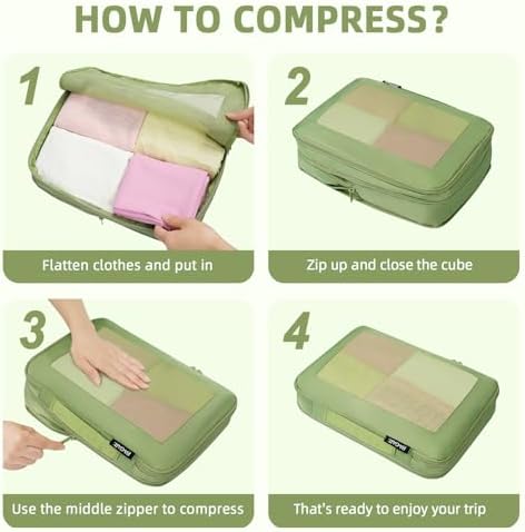 BAGAIL 4 Set/6 Set/8 Set Compression Packing Cubes Travel Accessories Expandable Packing Organizers (Square Mesh, 06-Matcha Green)