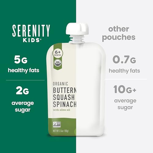 Serenity Kids 6+ Months Veggie Puree Baby Food Pouches - USDA Organic No Added Sugar - Butternut Squash & Spinach Blend - BPA & Allergen Free - 3.5 Oz, 6 Pack