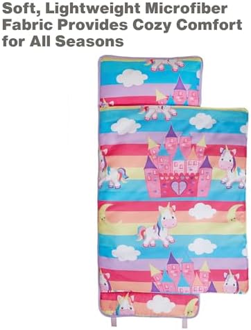 EVERYDAY KIDS Nap Mat with Removable Pillow - Unicorn Dreams - Carry Handle with Straps Closure, Rollup Design, Soft Microfiber for Preschool, Daycare, Travel Sleeping Bag - Ages 3-6 Years