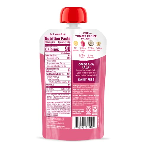Happy Tot Organics Stage 4 Baby Food Pouches, Gluten Free, Vegan & Dairy Free Snack, Super Morning Fruit & Oat Blend, Bananas, Dragon Fruit, Coconutmilk, Oats & Chia, 4 Oz (Pack of 16)