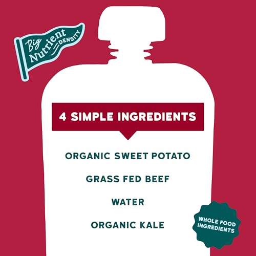 Serenity Kids 6+ Months Baby Food Pouches - Grass Fed Beef Puree with Organic Kale & Sweet Potato - BPA-Free Baby Snacks - 3.5 Oz, 6 Pack
