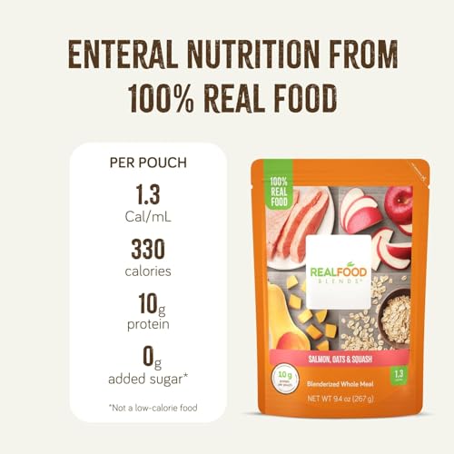 Real Food Blends Salmon, Oats & Squash - Pureed Food Meals for Tube Feeding with Protein, Vegetables & Fruits - 330 Calories for Lunch & Dinner - 9.4 oz (Pack of 12)