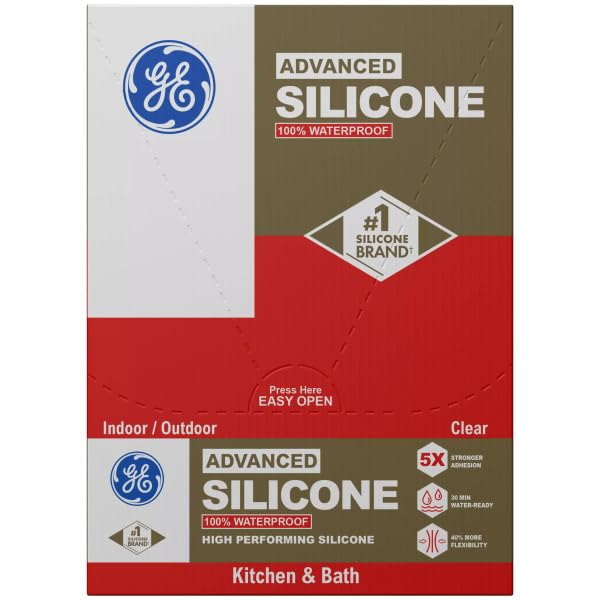 GE Advanced Silicone Caulk for Kitchen & Bathroom, Clear, 2.8 fl oz Tube, 12 Pack - 100% Waterproof Silicone Sealant, 5X Stronger Adhesion, Shrink & Crack Proof