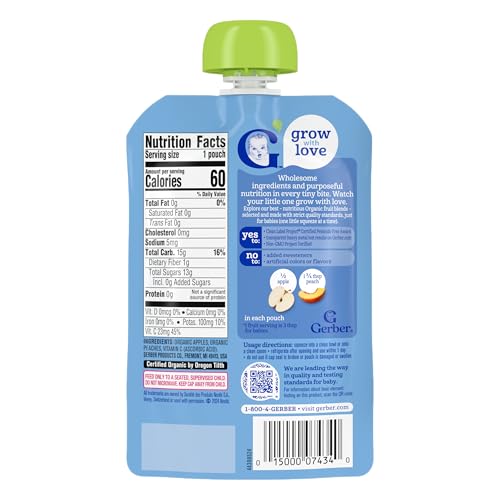 Gerber Stage 2 Baby Food, Organic Apple Peach Puree Pouch, 2 Servings of Fruit, No Added Sweetener, No Artificial Colors or Flavors, 12-Pack