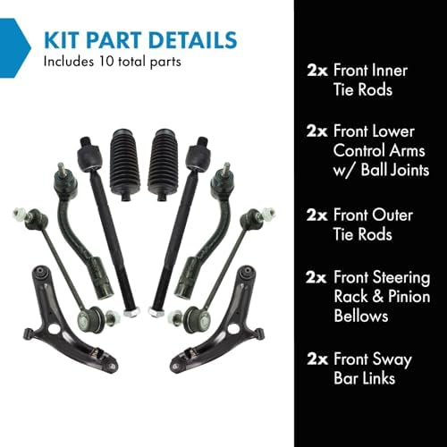 TRQ Front Steering & Suspension Kit Control Arm with Ball Joint Steering Rack & Pinion Bellow Sway Bar Stabilizer Link Tie Rod Compatible with 2012-2013 Kia Soul
