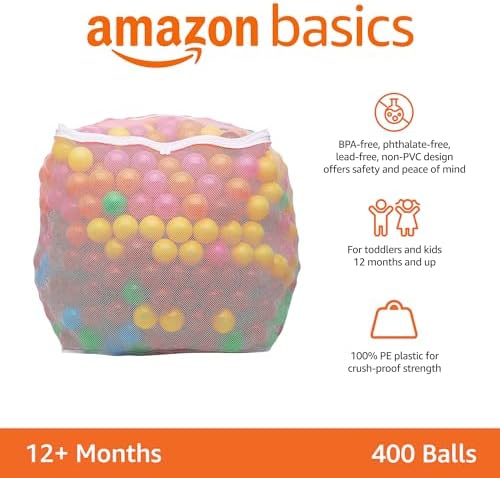 Amazon Basics BPA Free Crush-Proof Plastic Ball, Pit Balls with Storage Bag, Toddlers Kids 12+ Months, Pack of 400 Balls, 6 Bright Colors