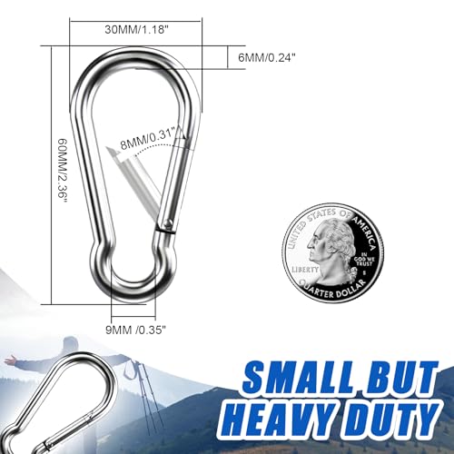 Small Carabiner Clip Hooks, 25pcs 2.36 inch Carabiners Heavy Duty, 304 Stainless Steel Spring Snap Hook Fits Camping Hiking, Metal Clips for Rope Chain Keys Rings