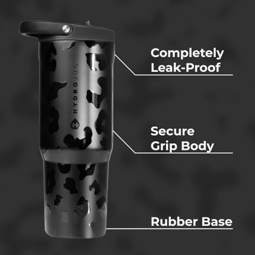 HydroJug Sport - Stainless Steel Tumbler with Straw, Vacuum Insulated, 32oz Leakproof Water Bottle, Ergonomic Design, Reusable, Dishwasher Safe, Rubber Base, Durable for Gym or Outdoors, Black Leopard