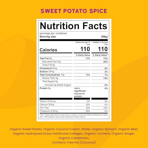Serenity Kids 6+ Months Dairy-Free Smoothie Baby Food Pouches - USDA Organic, Grass Fed Collagen Protein - 3.5 Oz BPA-Free - Sweet Potato Spice - 6 Count - Smoothie Pouches