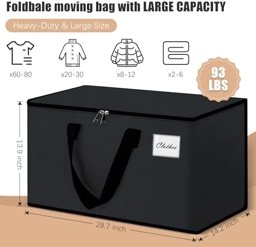 Heavy Duty Moving Bags - Extra Large Packing Bags and Storage Totes, Collapsible and Foldable Option for Moving and Storage, Black, 93 L - 6 Pack