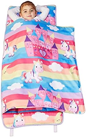 EVERYDAY KIDS Nap Mat with Removable Pillow - Unicorn Dreams - Carry Handle with Straps Closure, Rollup Design, Soft Microfiber for Preschool, Daycare, Travel Sleeping Bag - Ages 3-6 Years