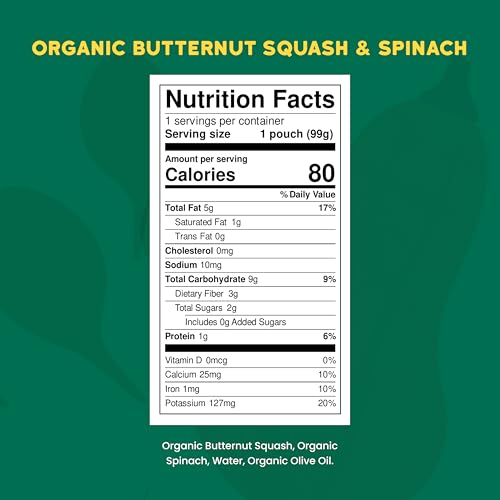 Serenity Kids 6+ Months Veggie Puree Baby Food Pouches - Butternut Squash & Spinach - USDA Organic No Added Sugar Allergen Free BPA-Free - Healthy Toddler Food - 3.5 Oz, 12 Pack