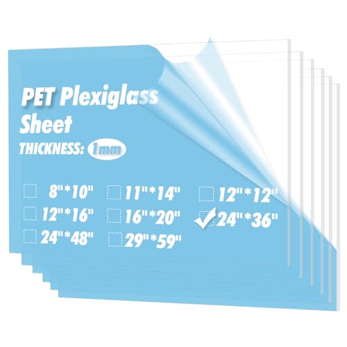 Art3d 5-Pack of 24Γ36" PET/Plexiglass Sheets, Transparent Clear Flexible Plastic Sheet Panels for Craft, Picture Frames, Sign Blank, DIY Display Project