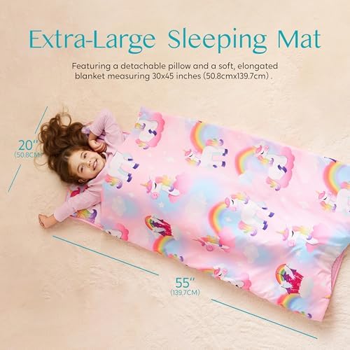 JOIEDOMI Toddler Nap Mat for Preschool 55''x30'' Sleeping Mat with Removable Pillow and Minky Blanket for Kids Ages 3-7 Roll Up Soft Kids Sleeping Bag for Boys Girls Kindergarten Daycare Sleepover