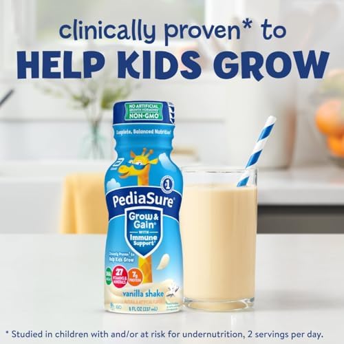 PediaSure Grow & Gain with Immune Support, 27 Vitamins & Minerals for Kids, 7g Protein, Non-GMO, Gluten-Free, Vanilla, 8-fl-oz Bottle, Pack of 24