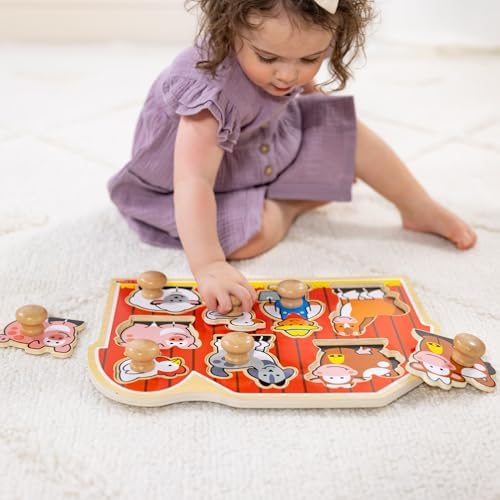 Melissa & Doug Farm Animals Jumbo Knob Wooden Puzzle Wooden Peg Chunky Baby Puzzle, Preschoool Learning, Knob Board for Toddlers Ages 1+