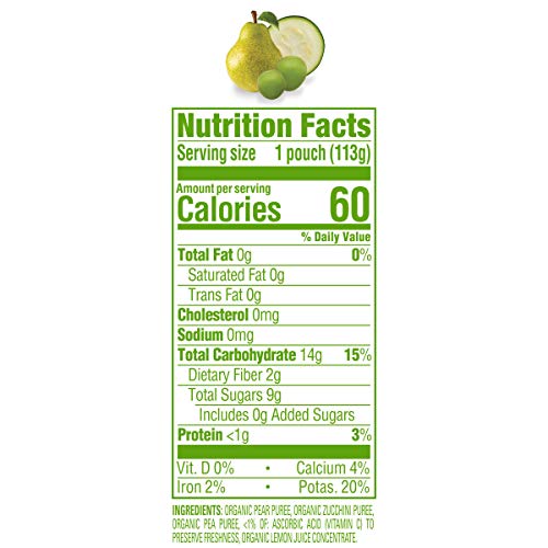 Happy Baby Organics Stage 2 Baby Food Pouches, Gluten Free, Vegan & Healthy Snack, Clearly Crafted Fruit & Veggie Puree, Pears, Zucchini & Peas, 4 Ounces (Pack of 16)