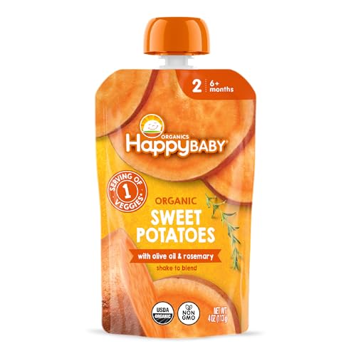 Happy Baby Organics Savory Blends Stage 2 Baby Food, Sweet Potatoes with Olive Oil + Rosemary, 4 Ounce Pouch (Pack of 16)