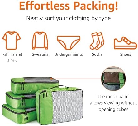 Amazon Basics Medium Packing Cubes for Travel, Packing Organizers, 4-Piece-Set With Double Zipper Pulls and Mesh Top Panel, 100% Durable Polyester, Green, 13.8"L x 9.8"W x 3"H