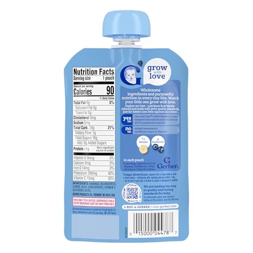 Gerber Stage 2 Baby Food, Banana Blueberry Puree Pouch, 2 Servings of Fruit, No Added Sweetener, No Artificial Colors or Flavors, 12-Pack