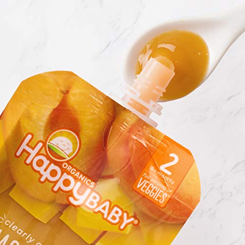 Happy Baby Organics Stage 2 Baby Food Pouches, Gluten Free, Vegan & Healthy Snack, Clearly Crafted Fruit Puree, Squash, Pears & Apricots, 4 Ounces (Pack of 16)