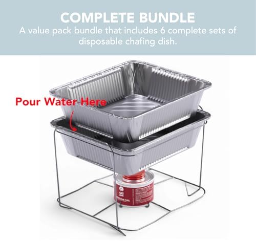 6 Pack - Disposable Chafing Dish Buffet Set, Welded Body Food Warmers for Parties, Fuel Cans Complete Set, Half Size Pans, Warming Trays