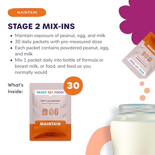 Ready, Set, Food! Stage 2 Mix-ins – Safe & Easy Early Allergen Introduction for Babies 4+ Months, Mix with a Bottle or Baby Food, with 3 Top Allergens: Organic Peanuts, Milk & Eggs (60 Days)