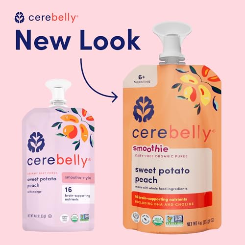 Cerebelly Organic Baby Food Pouches – Dairy Free Smoothies for Toddlers | No Added Sugar, Fiber, Non-GMO | Toddler Smoothie Pouches | 4oz BPA-Free Baby Food | Sweet Potato Peach | 12 Count