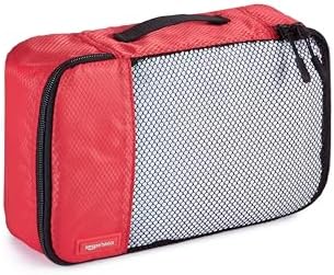 Amazon Basics Packing Cubes for Travel, Packing Organizers Set, 4-Piece-Set (Slim, Small, Medium, Large) With Double Zipper Pulls and Mesh Top Panel, 100% Durable Polyester, Red