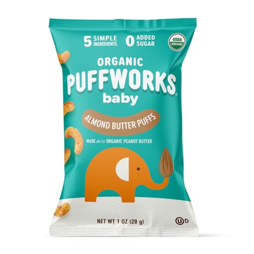 Puffworks Baby Organic Almond Butter Puffs, with Peanut Butter, Plant Protein, USDA Organic, Gluten-Free, Vegan, Non-GMO, Kosher, 1.0 Ounce (Pack of 6)