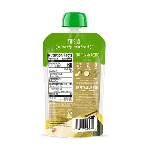Happy Baby Organics Stage 2 Baby Food Pouches, Gluten Free, Vegan & Healthy Snack, Clearly Crafted Fruit & Veggie Puree, Pears, Zucchini & Peas, 4 Ounces (Pack of 16)