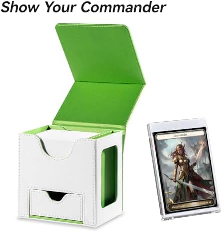 Card Deck Box for MTG Commander - Patented Design, Commander Display, Fits 100 Double-Sleeved Cards, 35pt Card Brick & Dice Tray - White/Green