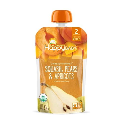 Happy Baby Organics Stage 2 Baby Food Pouches, Gluten Free, Vegan & Healthy Snack, Clearly Crafted Fruit Puree, Squash, Pears & Apricots, 4 Ounces (Pack of 16)
