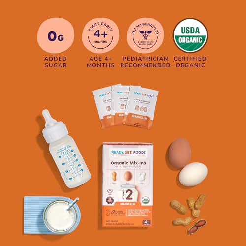 Ready, Set, Food! Stage 2 Mix-ins – Safe & Easy Early Allergen Introduction for Babies 4+ Months, Mix with a Bottle or Baby Food, with 3 Top Allergens: Organic Peanuts, Milk & Eggs (60 Days)