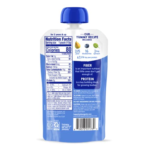 Happy Tot Organics Stage 4 Baby Food Pouches, Gluten Free, Vegan Snack, Fiber & Protein Fruit & Veggie Puree, Pears, Blueberries & Spinach, 4 Ounce (Pack of 16)
