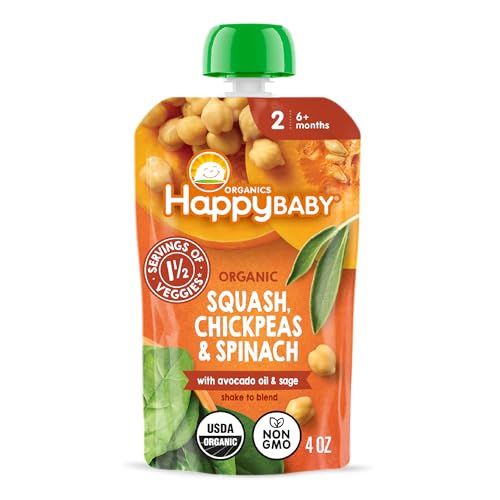 Happy Baby Organics Savory Blends Stage 2 Baby Food, Squash Chickpeas & Spinach with Avocado Oil + Sage, 4 Ounce Pouch (Pack of 16)
