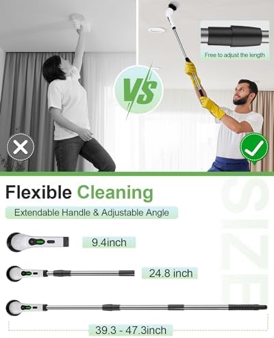 Electric Spin Scrubber, Cordless Cleaning Brush, Shower Scrubber with 9 Brush Heads 2H Power Dual Speed, Adjustable Extension Handle, IPX7 Waterproof for Tub Tile Floor Car, O-White