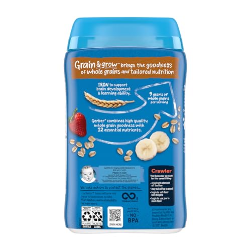 Gerber Stage 3 Baby Food, Oatmeal Banana Strawberry Cereal, Whole Grains, Iron, Baby Oatmeal Cereal, 6-Pack