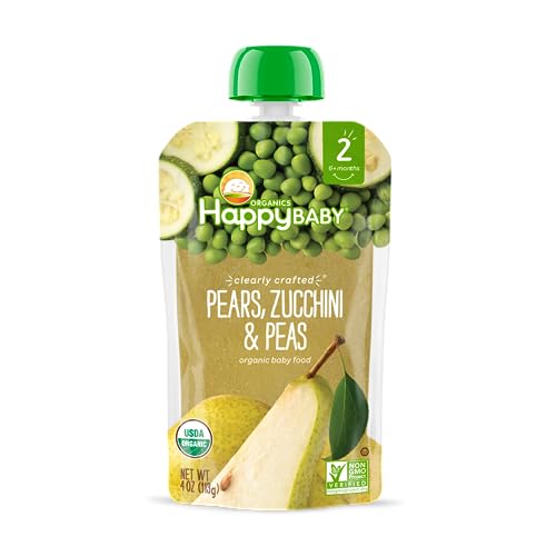 Happy Baby Organics Stage 2 Baby Food Pouches, Gluten Free, Vegan & Healthy Snack, Clearly Crafted Fruit & Veggie Puree, Pears, Zucchini & Peas, 4 Ounces (Pack of 16)