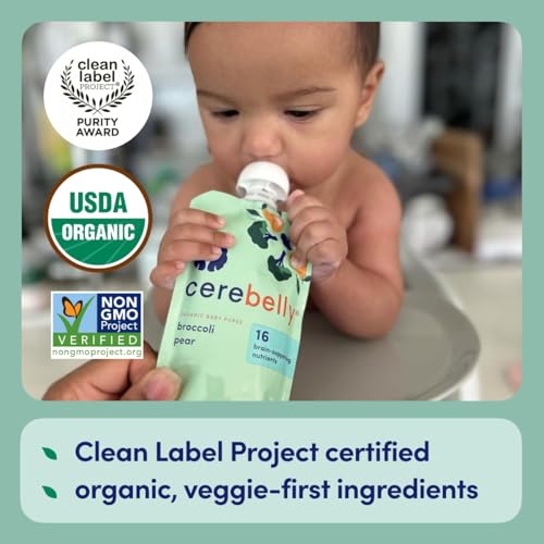 Cerebelly Baby Food Pouches – Organic Veggie Purees for Toddlers | No Added Sugar, Fiber, Non-GMO | Blended Toddler Pouches | 4 Ounce BPA-Free Pouch | Broccoli Pear | 12 Count