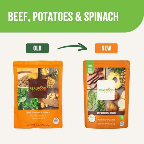 Real Food Blends Beef, Potatoes & Spinach - Pureed Food Meals for Tube Feeding with Protein, Vegetables & Fruits - 330 Calories for Lunch & Dinner - 9.4 oz (Pack of 12)