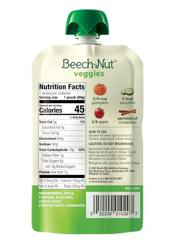 Beech-Nut Baby Food Pouches, Pumpkin Zucchini Apple Veggie Puree Baby & Toddler Food, 3.5 oz (24 Pack)
