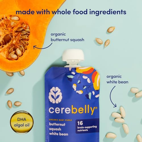 Cerebelly Organic Baby Food Pouches – Organic Butternut Squash White Bean Purees for Toddlers | No Added Sugar, Fiber, Non-GMO | Blended Puree Pouches | 4oz BPA-Free Baby Food |6 Pack