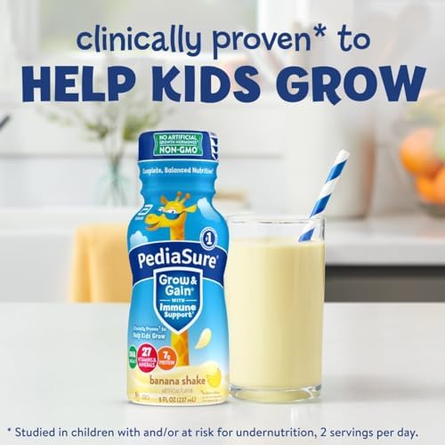 PediaSure Grow & Gain with Immune Support, 27 Vitamins & Minerals for Kids, 7g Protein, Non-GMO, Gluten-Free, Banana, 8-fl-oz Bottle, Pack of 24
