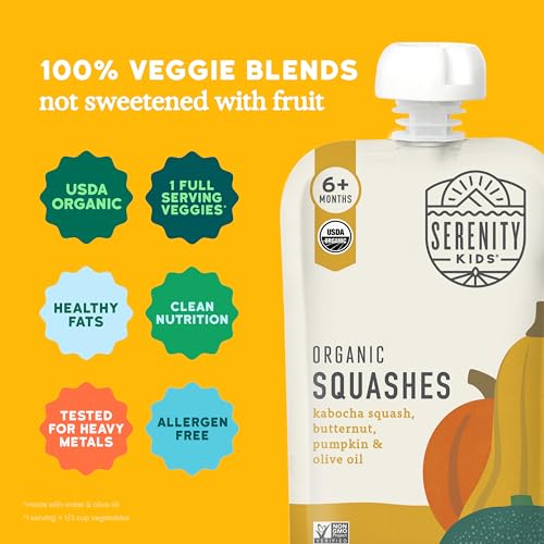 Serenity Kids 6+ Months Squash Veggie Baby Food Puree Pouches - BPA-Free & USDA Organic & Allergen Free - No Added Sugars - 3.5 Oz 12 Pack