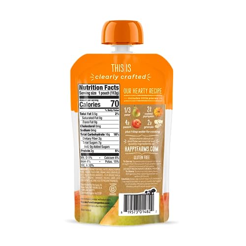 Happy Baby Organics Stage 2 Baby Food Pouches, Gluten Free, Vegan & Healthy Snack, Clearly Crafted Fruit & Veggie Puree, Pumpkin, Peaches & Granola, 4 Ounces (Pack of 16)