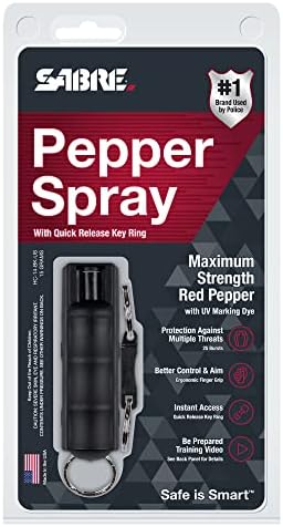 SABRE Pepper Spray with Quick Release Key Ring, 3X longer spray time, 10-Foot (3-Meter) Range, Black