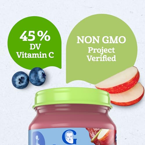 Gerber Stage 2 Baby Food, Organic Apple Wild Blueberry Jar, Fruit Puree, Vitamin C, Non-GMO, Baby Food Fruit, Puree Jars Glass, 10-pack