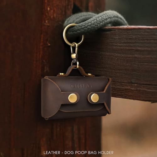Handmade Leather Dog Poop Bag Dispenser - Stylish and Durable with Belt Attachment for Dog Walkers, Featuring a Brass Metal Clip in Coffee