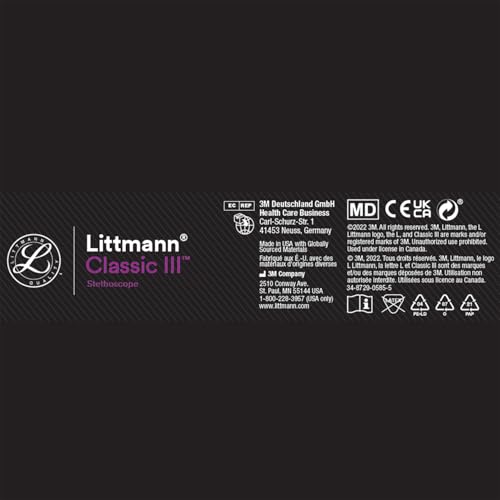 3M Littmann Classic III Monitoring Stethoscope, 5872, More Than 2X as Loud, Weighs Less, Stainless Steel Smoke-Finish Chestpiece, 27" Turquoise Tube, Pink Stem, and Smoke Headset